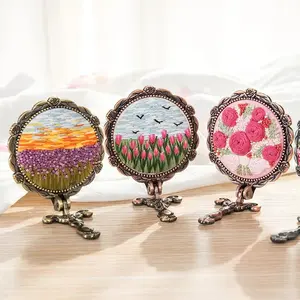 Embroidered Mirror Material Bag Handmade Gift DIY Embroidery Foldable Mirror Handheld Makeup Mirror Creative Vintage Craft Gifts