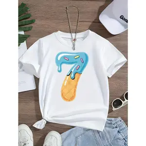 1pc 'unny Number 7 Ice Cream Drip Graphic T-Shirt - Cute Meme Short Sleeve Round Neck Summer Top with Melting Ice Cream Design, Casual Playwear for Teens & Tweens, Multiple Colors Available (No Chest Padding, Breathable Knit Fabric)(3-13Y)