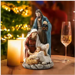 6.5" Christmas Nativity Set Holy Family Catholic Statue with Sheep Handcrafted Collectible Jesus Mary Joseph Figurines for Tabletop Desk Display Religious Gift for The Holidays