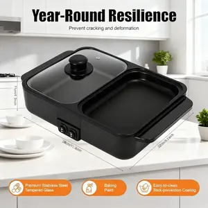 2-in-1 Electric Hot Pot & BBQ Grill, 110V Portable Electric Cooker with 2L Hot Pot & 1L Frying Pan, Multifunctional Non-Stick Grill Pot for Barbecue Frying Soup Stew (Black)