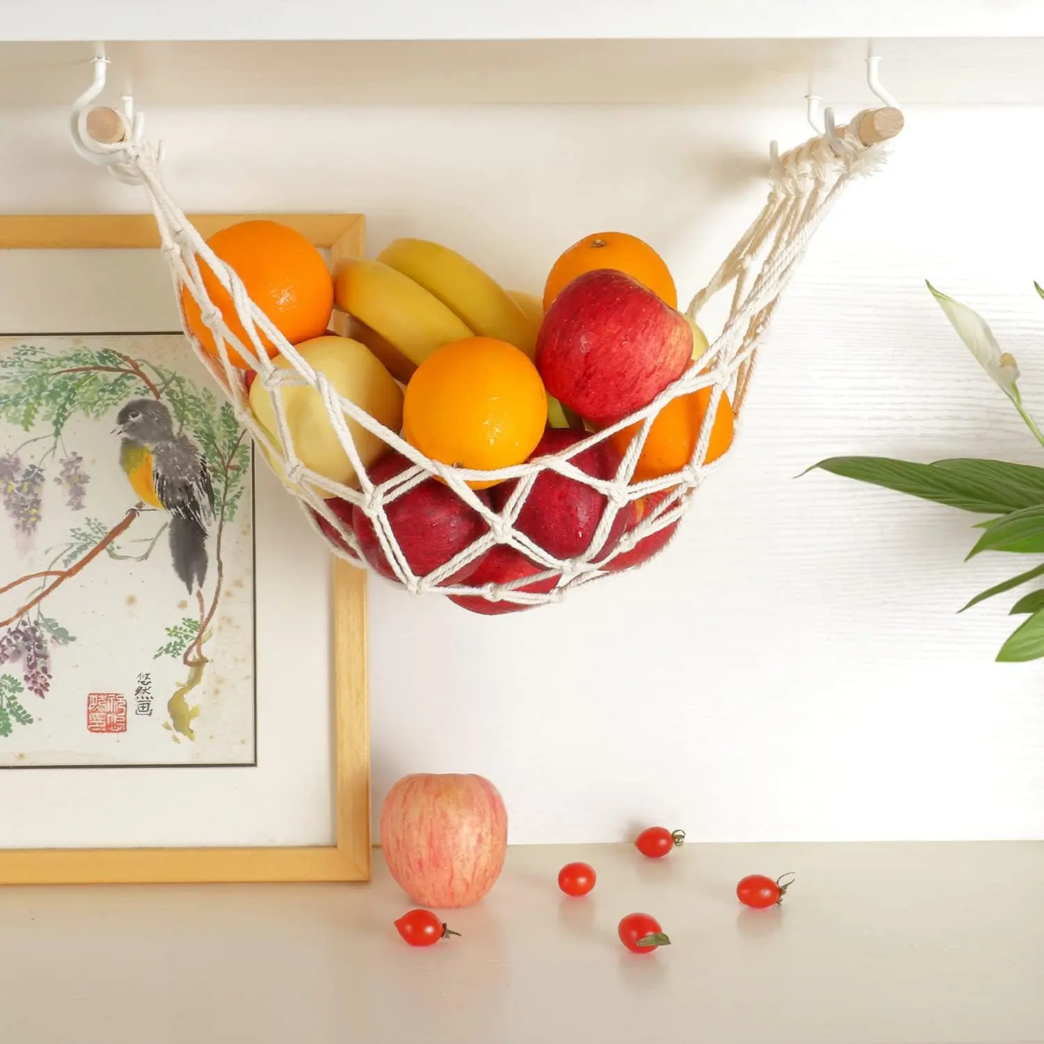 Hanging Fruit Hammock for Kitchen Under Cabinet Basket for  Bananas Storage Organizer Wood Wooden