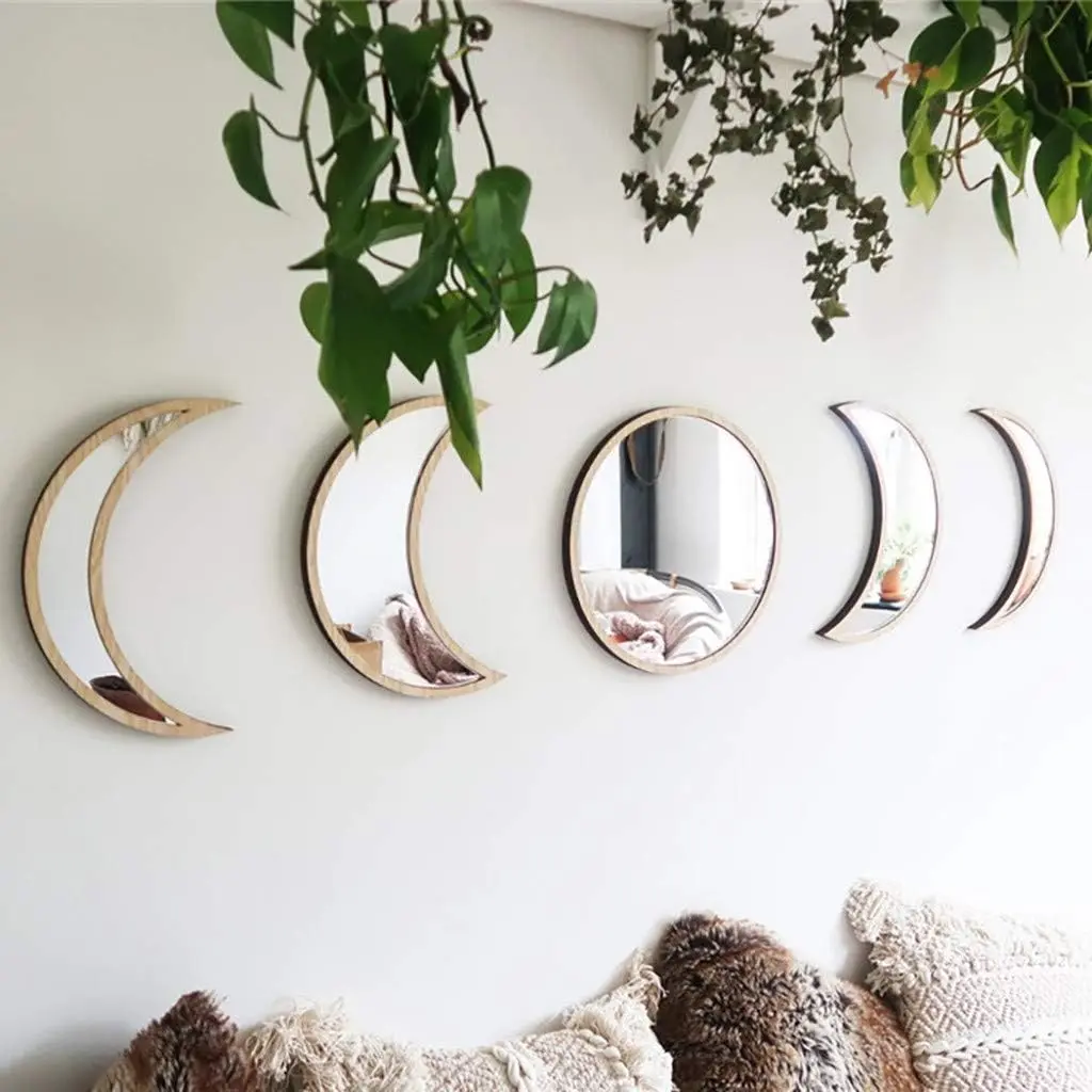 Bohemian Wall Decor, 5 Piece Acrylic Moon Phase Mirrors, Self-Adhesive Spiritual Art for Living Room, for Wooden, Glass & Plastic Surfaces, Decorative, Ornaments, Five Pieces, Self-Adhesive Mirrors
