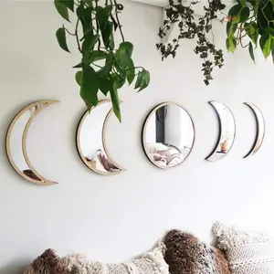 5pieces Moon Phase Mirror Set Wall Decor, Unbreakable Acrylic Self-Adhesive Bohemian Moon Mirror Wall Stickers, Scandinavian Style Aesthetic Home Decor for Bathroom Living Room Office Apartment Dorm