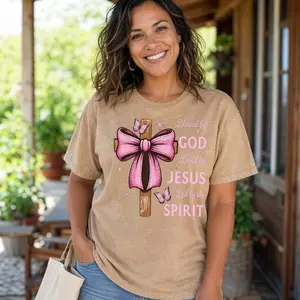 Christian Faith Pink Bow Cross Shirt Women Blessed By God Graphic Tee