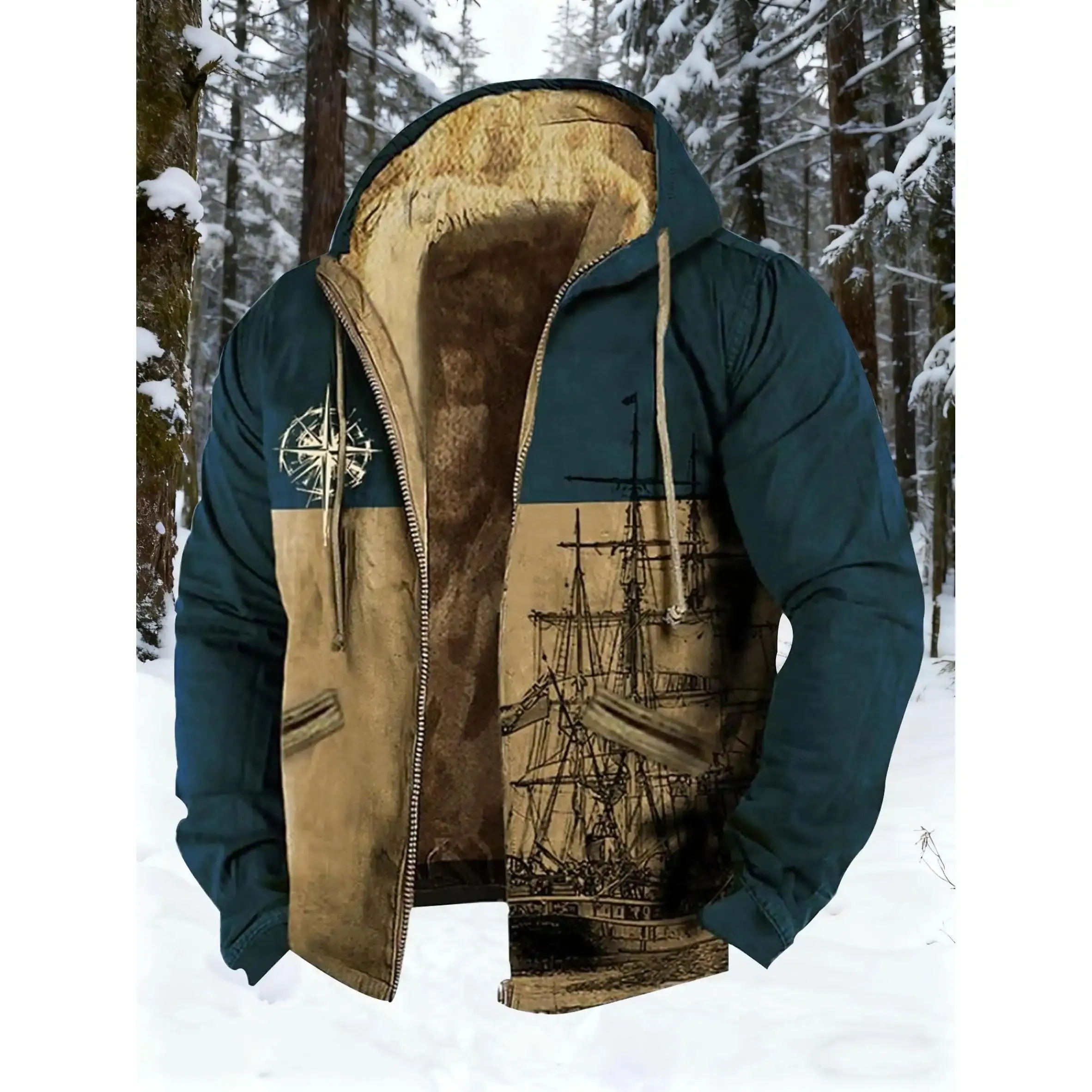 Oversized Sailing Pattern Retro Men'S Zipper Coats for Men |   Harajuku Hooded Jackets, Outdoor Long Sleeve Truck Suit, Ethnic Style Quilted Jacket, Winter Fashion Zipper Hoodies, Men'S Coat, Multiple Options, Size L-8XL, Vintage Style, Hooded