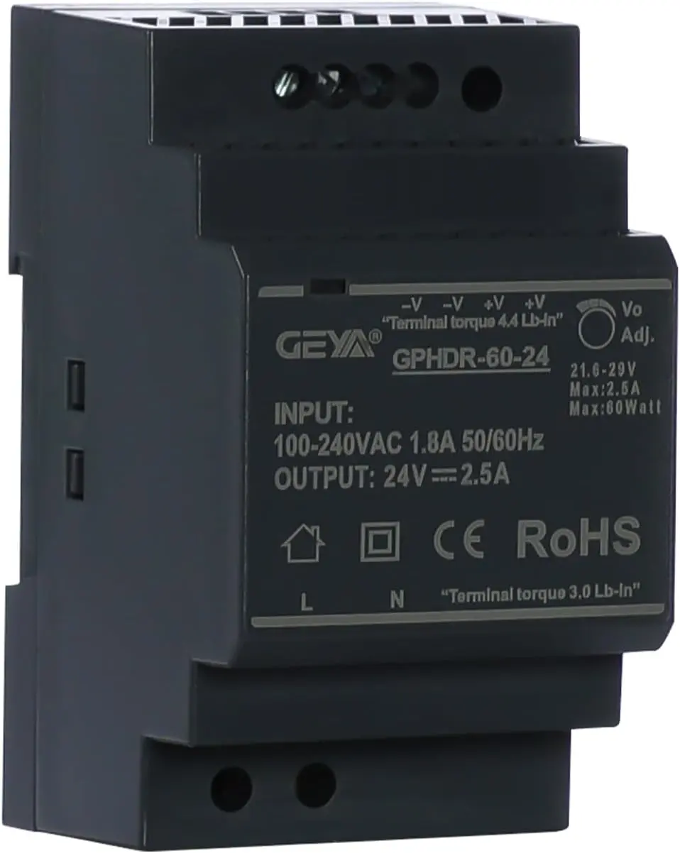 60W Ultra Slim 51mm Thick Step-Shape 3SU DIN Rail Power Supply - 24V 2.5A GPHDR-60-24, 100~240Vac, -20°C to +70°C, for Industrial Automation, Data Centers, LED Lighting, Medical Equipment, 24V 2.5A 60W