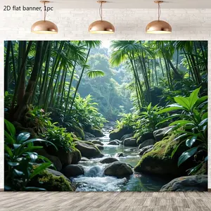 2D flat banner, 1 piece tropical forest stream wall mural background fabric - Multi-functional 100% decorative banner, suitable for indoor and outdoor use, featuring natural landscape design, lush green plants and a hazy atmosphere. wwx
