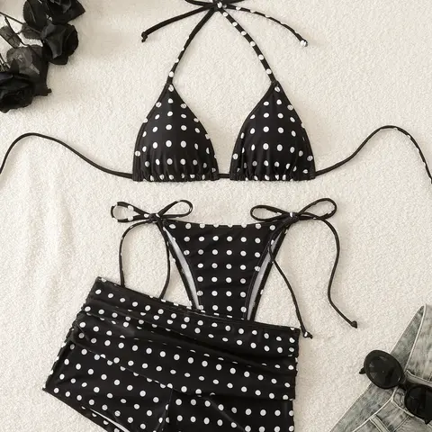 Keese Leese Women's Polka Dot Halter 2-Piece Inverted Triangle Bikini - Chic Swimwear, Bold & Bright Pattern Swimsuit for Beach, Summer Vacation, Chic Swimwear Set, Swimsuit Bikini Set Linked Bikinis Sets