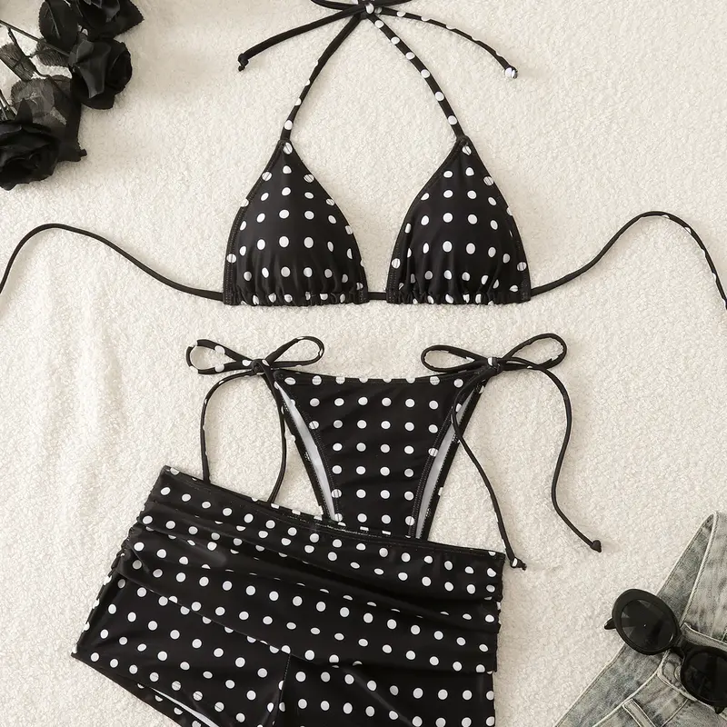 Keese Leese Women's Polka Dot Halter 2-Piece Inverted Triangle Bikini - Chic Swimwear, Bold & Bright Pattern Swimsuit for Beach, Summer Vacation, Chic Swimwear Set, Swimsuit Bikini Set Linked Bikinis Sets