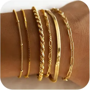 Gold Bracelets for Women Waterproof, 14K Real Gold Jewelry Sets for Women Trendy Thin Dainty Stackable Cuban Link Paperclip Chain Bracelet Pack