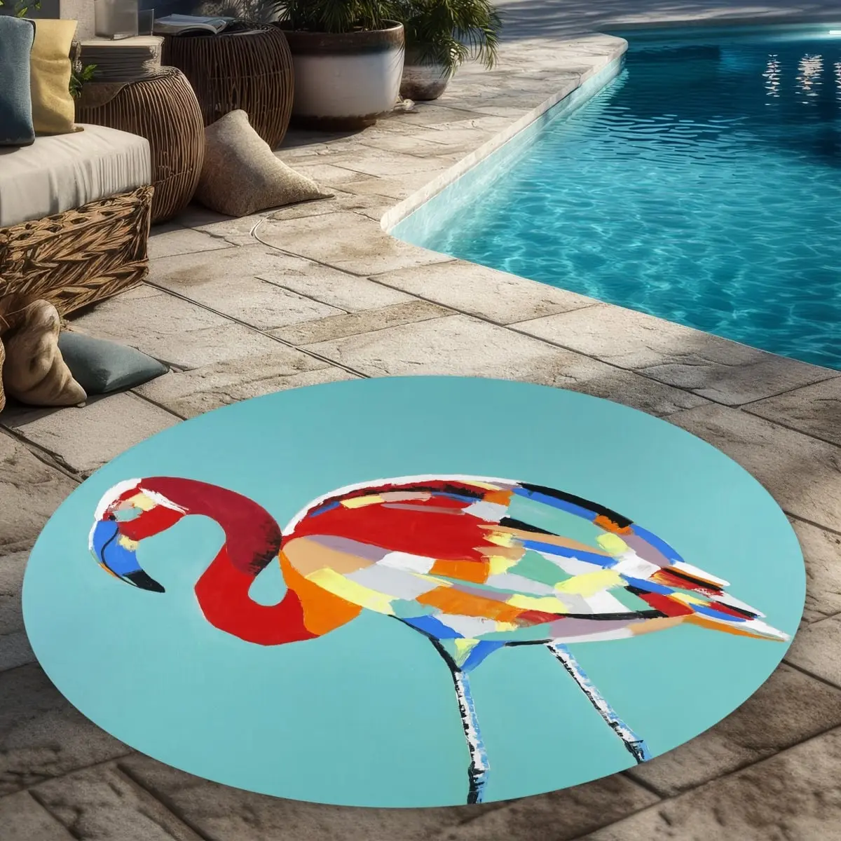 360 Stand 5x5 ft. Round Shape Indoor/Outdoor Abstract Flamingo Turquoise Bird Area Rug, Easy Cleaning, Tropical Vibe Household Textile Carpet, Decorative Rug, Soft Area Rug