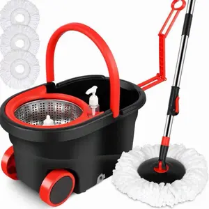 Plus Sized Mop Bucket Set, 3 Replacement Heads, Extended Handle, Convenient For Moving Mop Bucket With Wheels, Suitable For Living Room, Bedroom, Kitchen, Office (3 Mop Head + Bucket)
