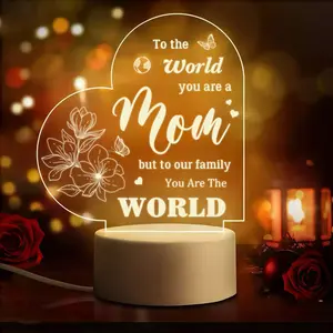 To The World You Are A Mom Heart 2D Acrylic LED Night Light, Warm White USB Bedside Lamp, Mother's Day Birthday Gift for Mom, Bedroom Home Decor