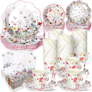 252 Pcs Floral Tea Party Supplies for 36 Guests Wildflower Paper Disposable Dinnerware Floral Teacups with Handle and Saucers Sets for Tea Party Decorations Birthday  Shower Wedding