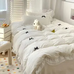 3-Piece Korean style Washed Fabric Ultra-Soft White Bedding Set, Includes 1 Duvet cover & 2 Pillowcases, Ruffle Princess Style with Bow Decorations
