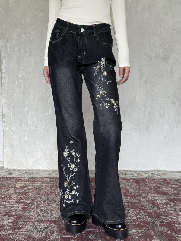 Emmiol Women’s Embroidered Bell Bottom Jeans – Stretchy Flared Mid-Rise Vintage Denim, 90s Y2K Retro Jeans with Floral Embroidery, Soft Stretch Fabric, and High-Comfort Fit
