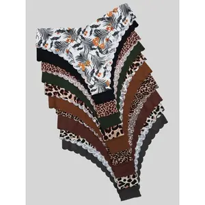 Women’s thongs with plain/all-over print patterns and scalloped trim—soft, comfortable, breathable, elegant, high-stretch, seamless panties for summer daily wear; women’s underwear suitable for all seasons, including fall; feminine fabric panties.