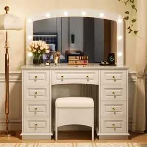 Luxurious Makeup Vanity with 10 Hollywood Bulbs, 3 Color Lighting Modes, Classic Dressing Table with Cushioned Stool and 9 Storage Drawers for Bedroom, White desk little girl big  table woman girl bedroom vanety  beauty