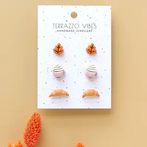 Cute Autumn Delights Mini Stud Earrings Leaf, Latte, Croissant Handcrafted Polymer Clay by Terrazzo Vibes