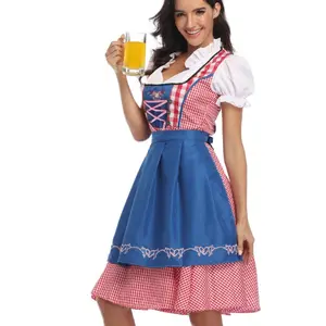 Oktoberfest Costumes Ethnic Dress for Women Summer Polyester Fabric Asian European American Style Check Clothes with Apron and Ribbon Size S-XXL