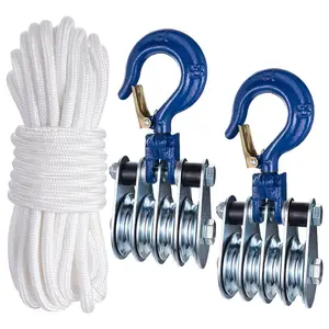 1Ton Four Cable Pulley Block, Pulley System, Lifting Block Hoist with Hook and 65ft/20m Nylon Rope 0.39"/10mm