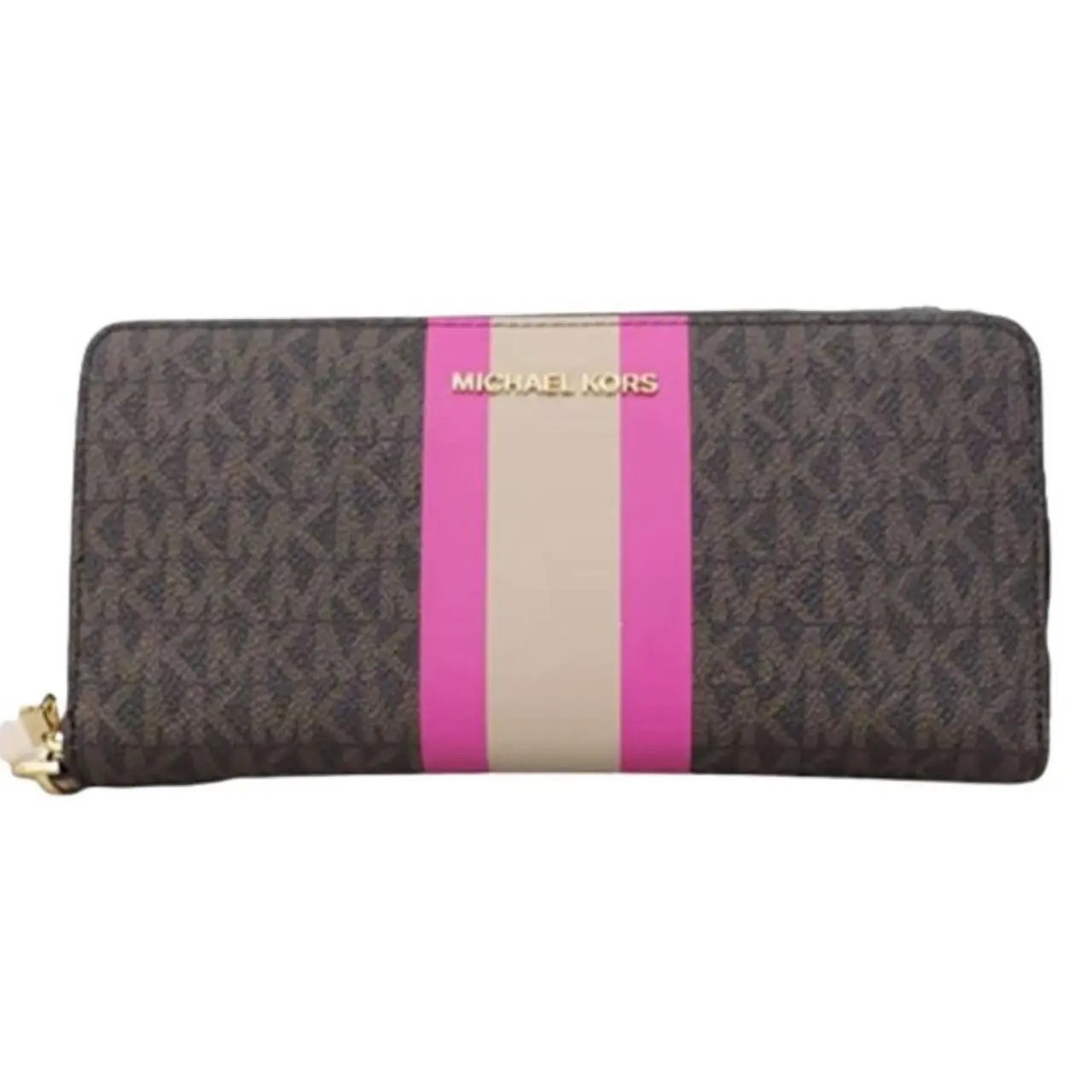 Michael Kors Jet Set Travel Continental Wristlet - Wild Berry Multi 32T9GF6T3B-908, Men's Leather Wallet with Coin Zip Compartment, Contrasting Center Stripes, Durable Logo-Print, Functional-Luxe, 5 Slip Pockets, Multi-Compartment