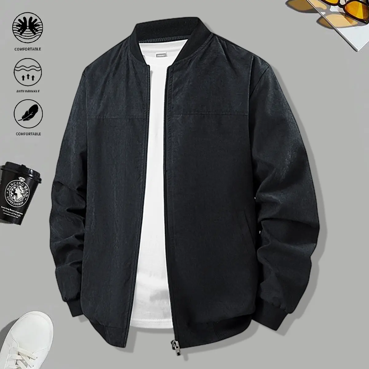 JOGWAVE Men's Casual Polyester Jacket - Lightweight, Comfortable, Plain, Minimalist, Stylish, Versatile Outerwear for Work Commutes, Outdoor Outings