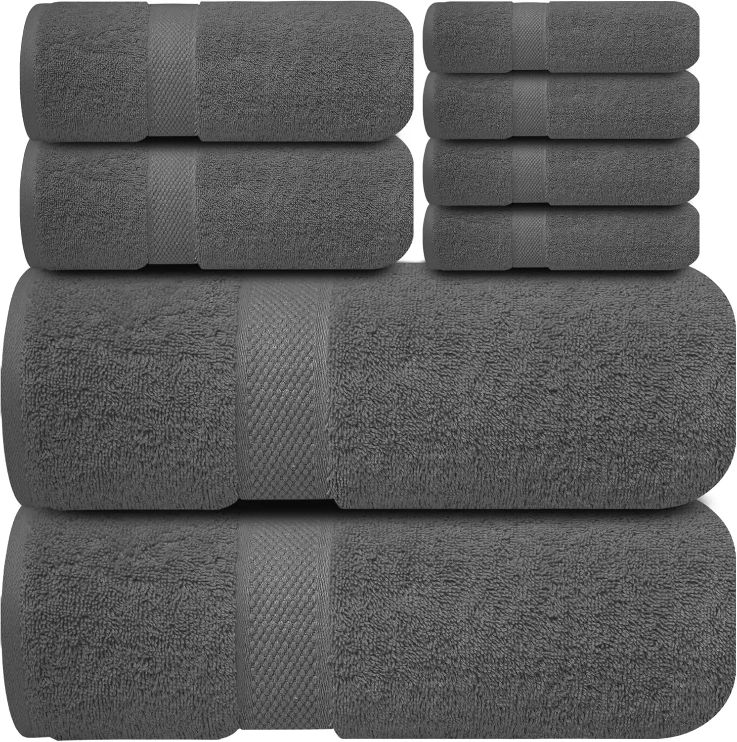 Pack of 8 Pcs Premium Towel Set (Grey), 2 Bath, 2 Hand, and 4 Wash Cloths, 600 GSM Ring Spun Cotton, Highly Absorbent Towels for Bathroom, Gym, Hotel, and Spa, Grey Shower