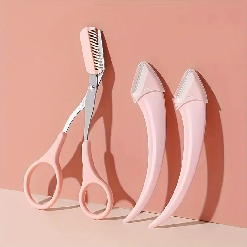Professional Stainless Steel Eyebrow Trimming Set, 3-Piece Beauty Tool Kit, Cosmetic Tools Includes Razor, Scissors, Comb, Alcohol-Free, Suitable for All Skin Types, Eyebrow Shaping Kit