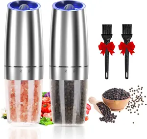 Gravity Automatic Salt and Pepper Grinder Set of 2, Adjustable Coarseness, Automatic Mill Grinder, Blue Light, One Hand Operated (Sliver 2 Pack)