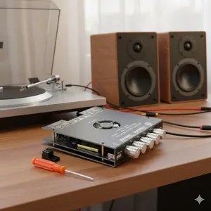 Zk-ht21 2.1 channel Bluetooth 5.0 Amplifier Board Module, TDa7498e Chip, 160W+160w=220w output, aux usb input, Bass Treble Control, Subwoofer Compatible, DC 15V-36V power supply