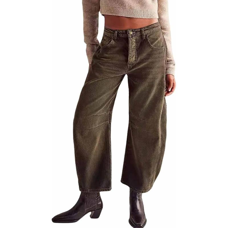 Chouyatou Barrel Jeans Women Wide Leg Cropped Jeans Y2k Mid Rise Baggy Jeans Boyfriend Denim Pants Harem Pants Vintage Breathable