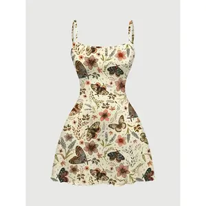 Cute Moth Butterfly Floral Plant Autumn Maple Leaf Moon Star Full-Print Csole Dress