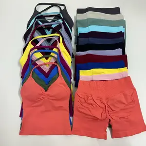 dfyne workout sets No Logo2Pcs Gym Set Women Backless Tank Tops High Waist Scrunch Seamless Shorts Gym Suit Fitness Clothes Activewear Workout Set