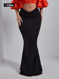 Women's Plain Ruched Lettuce Trim Mermaid Skirt, Elegant Chic Fashion V-Waist Maxi Skirt for Daily Outdoor Wear, Casual Streetwear Skirt, Ladies Bottoms Womenswear for All Seasons