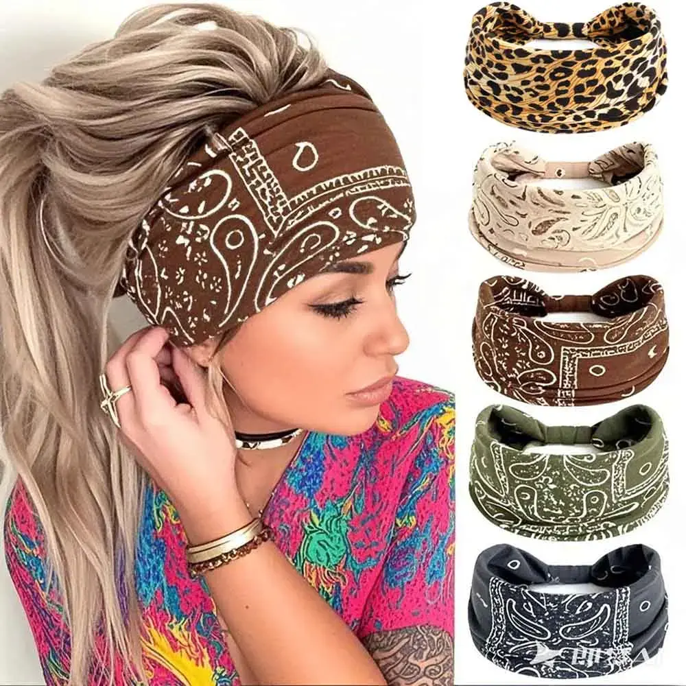 Women's 5-Pack Tencel Sports Headbands - Wide Casual Fabric Bandana Style with Paisley, Leopard, Camouflage Patterns, Adjustable Elastic, All Seasons All-Purpose Pattern Hair Products
