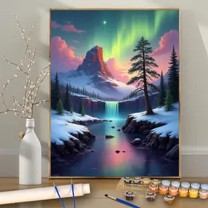 Paint by Numbers Kit for Adults Beginners, 16x20 Inches, 24 Color Oil Painting Kit, DIY Canvas Painting, No Frame, Aurora Borealis Landscape with Winter Mountain and Waterfall Scene, Birthday, Father's Day, Mother's Day, Christmas, Halloween Gift Ideas