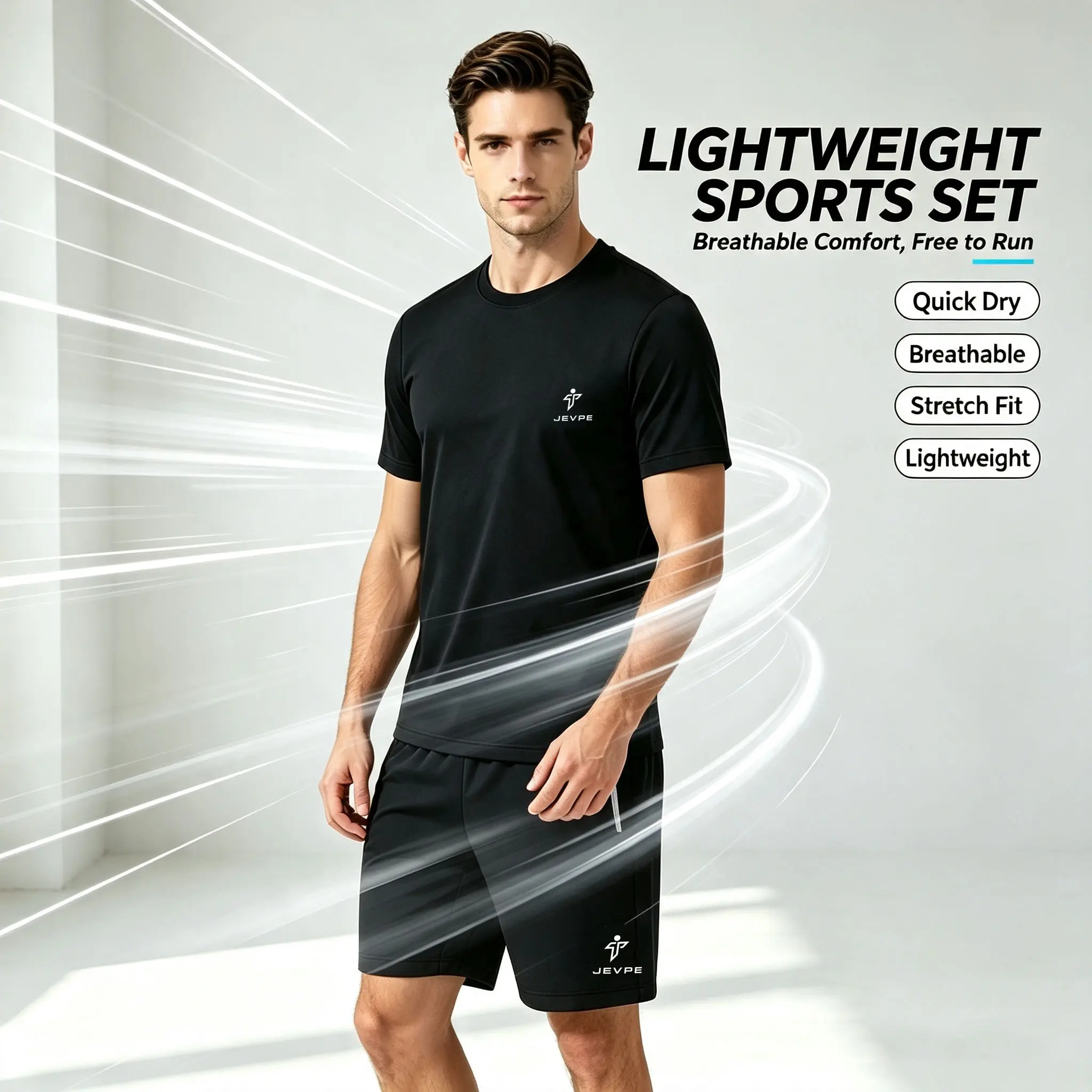 JEVPE Men's 2-Piece Matching Sports Clothing Set - Short-Sleeve Round Neck Menswear T-Shirt, Track Shorts with Zipper Pockets, Breathable Lightweight Fabric for Gym, Day Wear