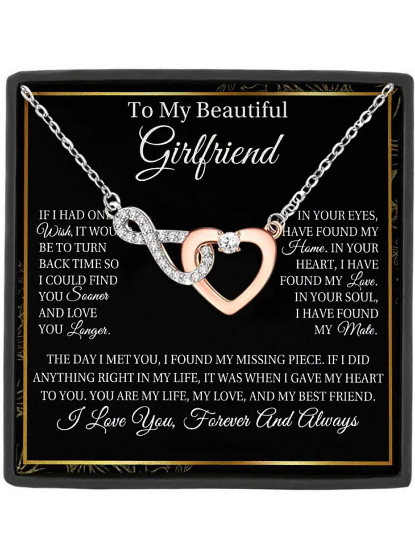 To My Beautiful Girlfriend Infinity Heart Pendant Necklace with Blessing Card, Love Heart Necklace, Perfect Gift for Girlfriend, Jewelry Gifts, Valentine's Day & Christmas Gifts