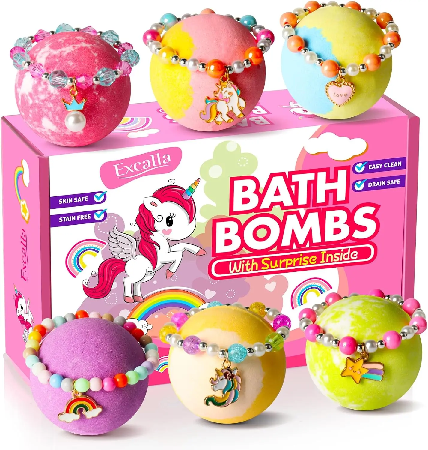 Unicorn Bath Bombs with Surprise Inside for Kids Girls, 6 Kids Bath Bombs with Jewelry Inside, Natural Bubble Bath Set for Skin Moisturizing, Birthday Christmas Easter Gifts for 4 5 6 7 8 Year Old