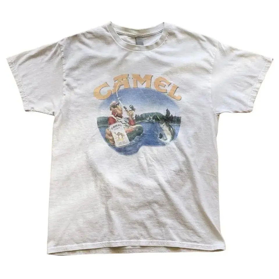 Camel Smoking Joe Fly Fishing White Tee, Vintage Promo Tee From The 90s Y2k  Era