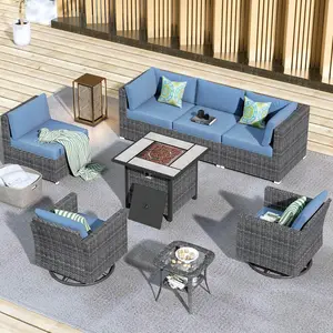 【Summer Vibes】Ovios Patio Furniture Set 8-Piece Outdoor Sectional Sofa Set with Cushions, Wicker Rocking Swivel Chairs & 30'' Fire Pit Table, All-Weather Conversation Set for Backyard Garden Deck Patio Balcony