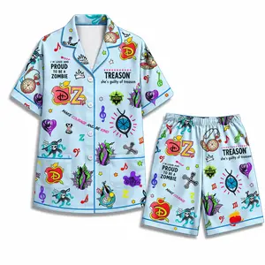 Descendants Zombies Heart Print Pajamas, Cute World Tour Satin Sleepwear Outfit for Kids and Teens