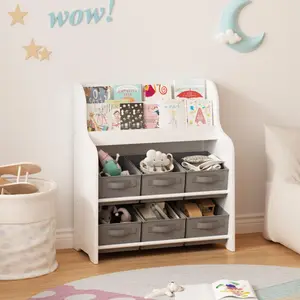 Bookshelf with 6 Fabric Storage Bins Multi-Functional Children's Bookcase and Toy Organizer Front-Facing Display Shelf for Playroom Bedroom or Nursery White & Gray