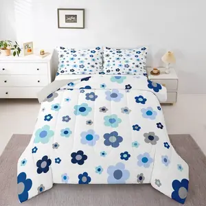 Background Blue Color Floral Quilt Set, Includes 1 Quilt with Inner Core and 2 Pillowcases Without Core, Soft Skin-Friendly Bedding