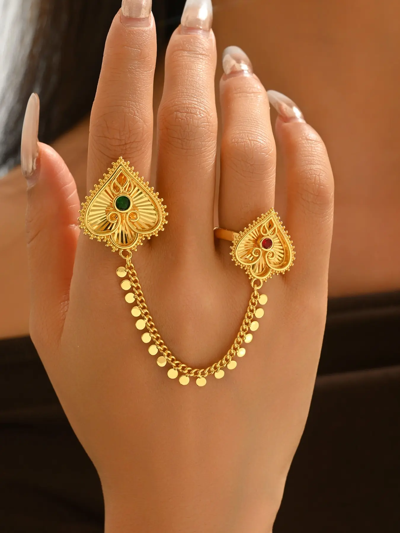 Vintage Luxury Indian Style Copper Zircon Ring, Hollow Out Gemstone Ring, Ethnic Wedding Accessory