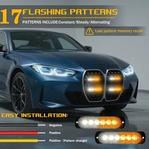 6 Led Strobe Side Warning Lights 12V-24V Strobe Grille Flashing Lightbars Cars Truck Beacon Lamp Amber Traffic Lights White 17 Mode adjustment