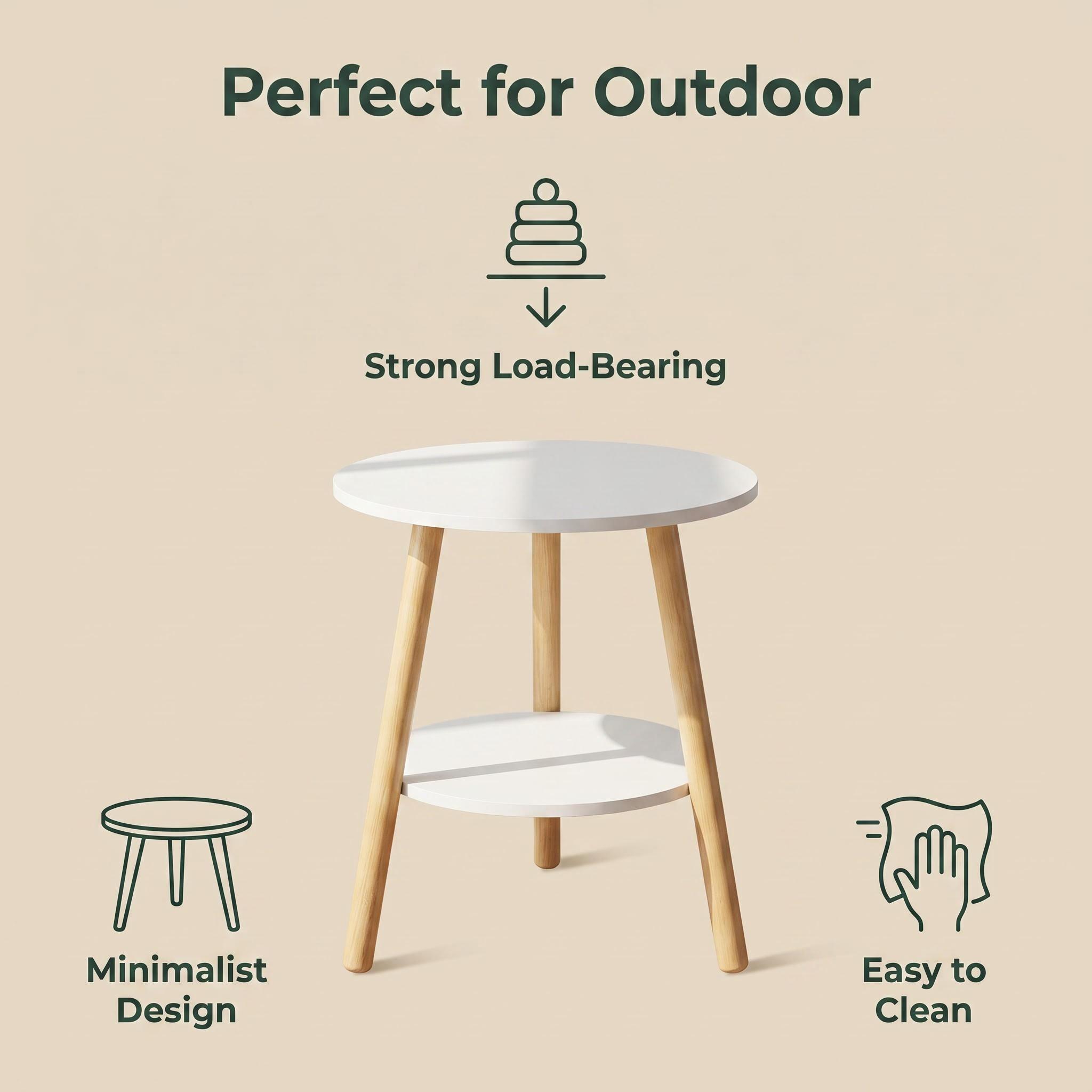 Outdoor Coffee Table Round Patio Side Table Double Layer Weather-Resistant Small Accent Table Modern White & Wood Finish for Garden Balcony Terrace