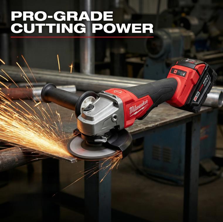 Milwaukee M18 brushless 125mm cordless angle grinder, 1suitable for metalworking and masonry cutting, M14 spindle, 8500RPM variable speed, non-locking paddle switch safety function, maximum cutting depth 33mm, includes battery and charger.