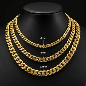 Cuban Link Chain Necklace 6/8/10mm 18-26 Inch, 4-Sided Polished 18K Gold Plated Stainless Steel Anti Tarnish Waterproof Unisex Hip Hop Chain, Men Women Layering Everyday Street Fashion Jewelry, Ideal Gift for Him Her